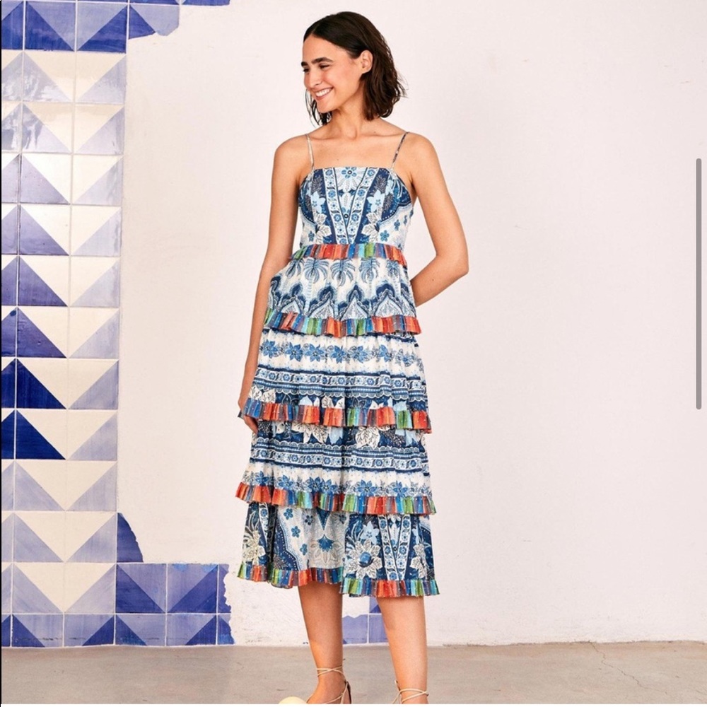 FARM RIO Blue Palms Frilled Skirt Midi Dress